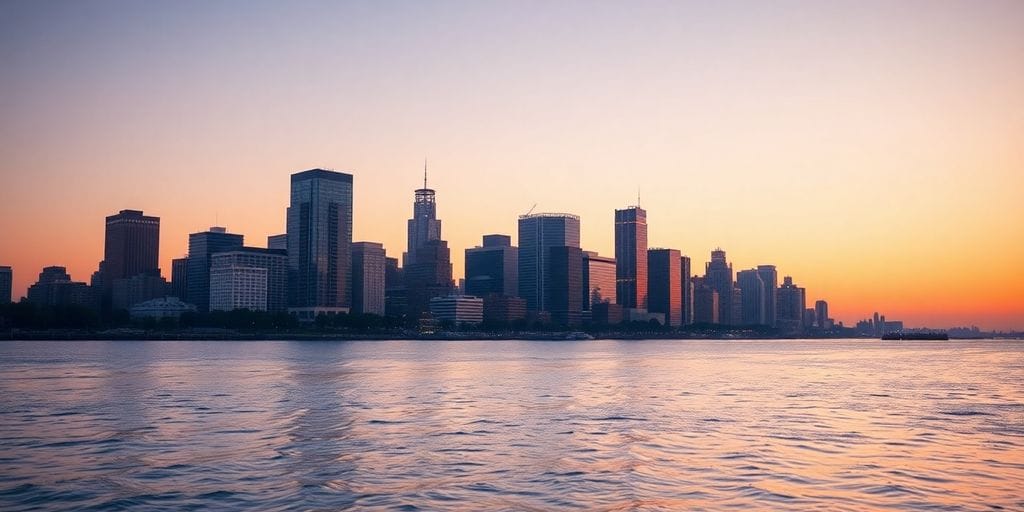 Jersey City skyline at sunset over the waterfront.