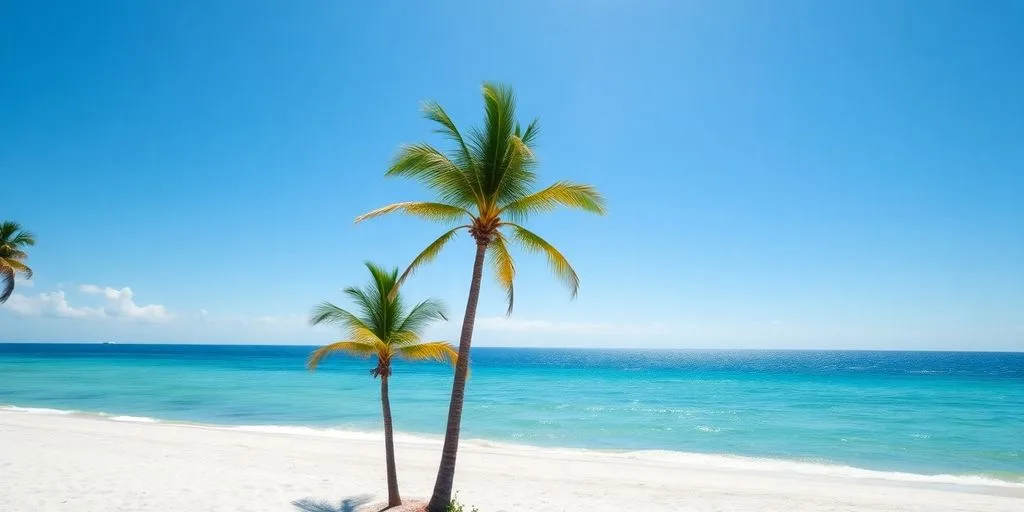 Sunny Florida beach with palm trees and clear skies.