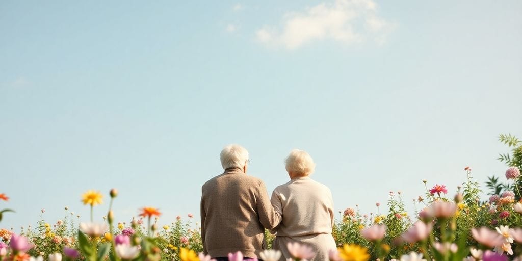 Elderly couple in a peaceful garden setting.