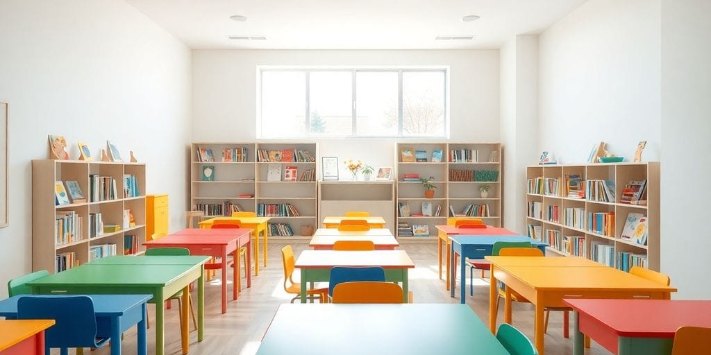 Bright classroom with colorful desks and natural light.