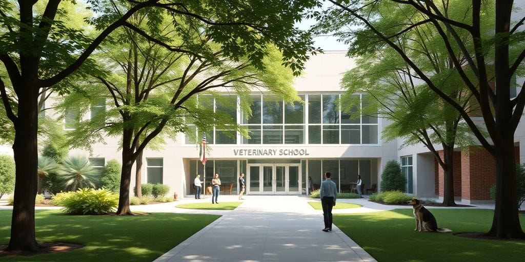 Veterinary school campus in New Jersey with students.