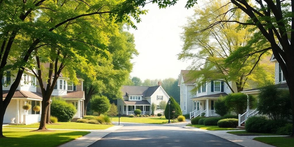Serene NJ neighborhood with homes and greenery for seniors.