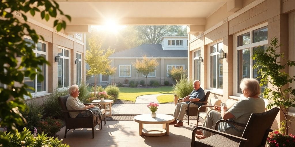 Peaceful nursing home garden with residents in New Jersey.