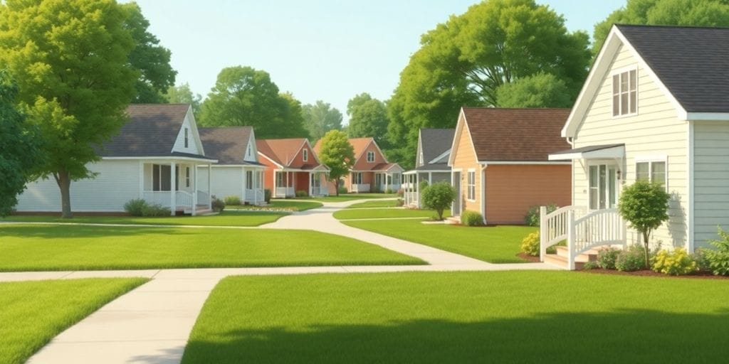 Quiet neighborhood with homes and gardens for veterans.