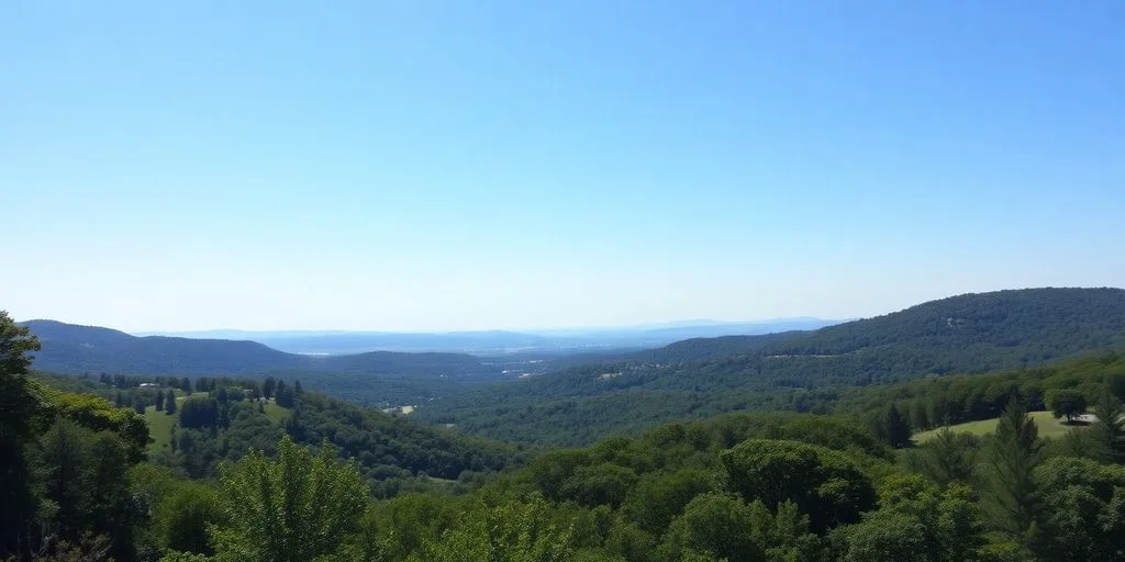 Serene New Jersey landscape with greenery and clear sky.
