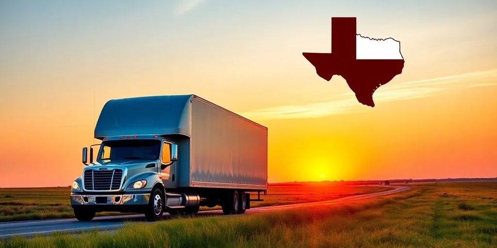 Moving truck in Texas sunset, minimalistic and photorealistic.