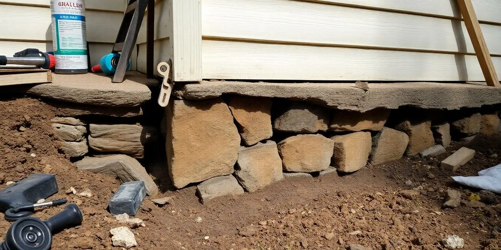 Damaged house foundation with visible cracks and repair tools.