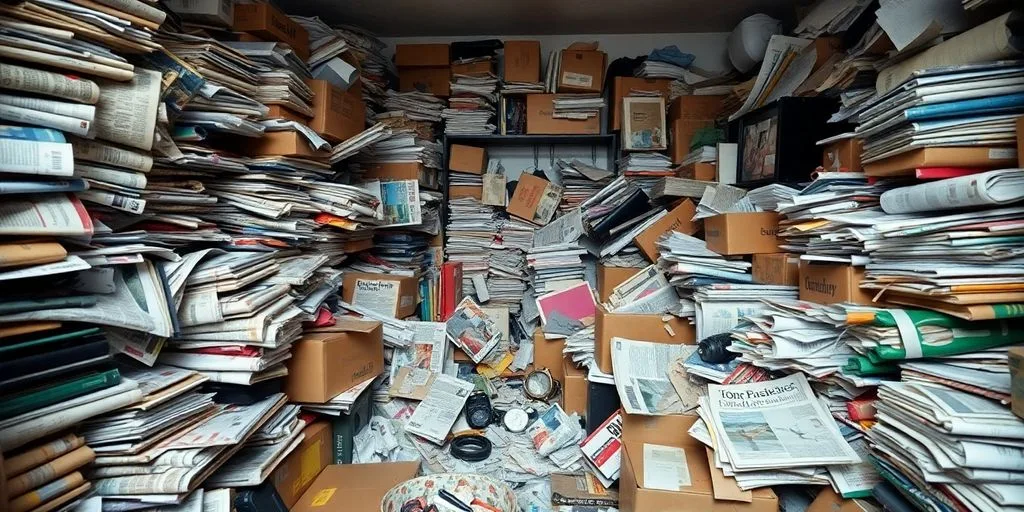 Cluttered room filled with piles of items and boxes.