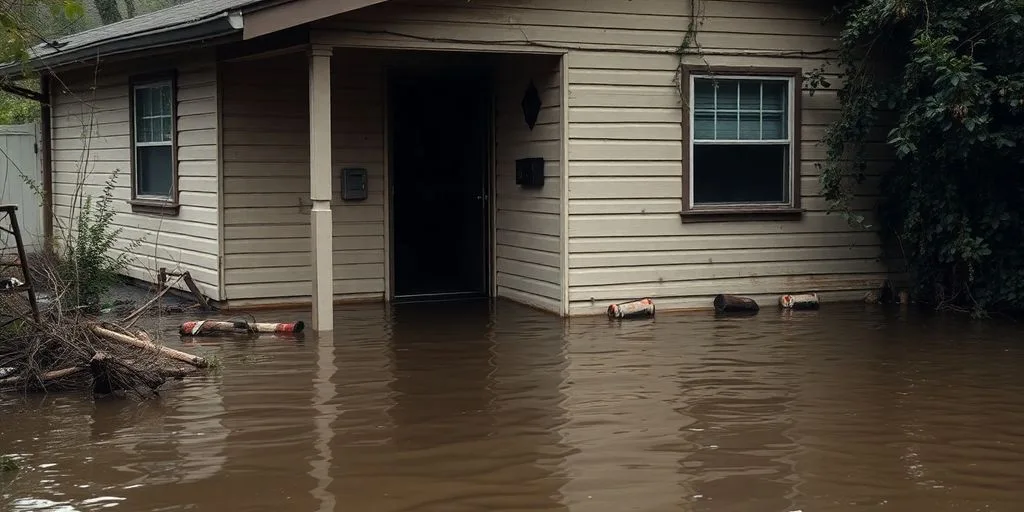 Flooded house with water damage and debris surrounding it.