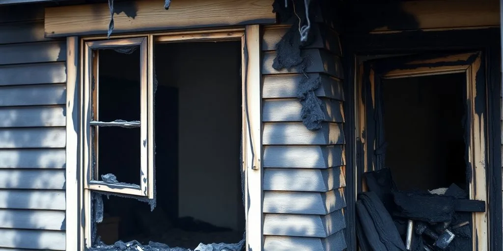 Charred house exterior showing fire damage.