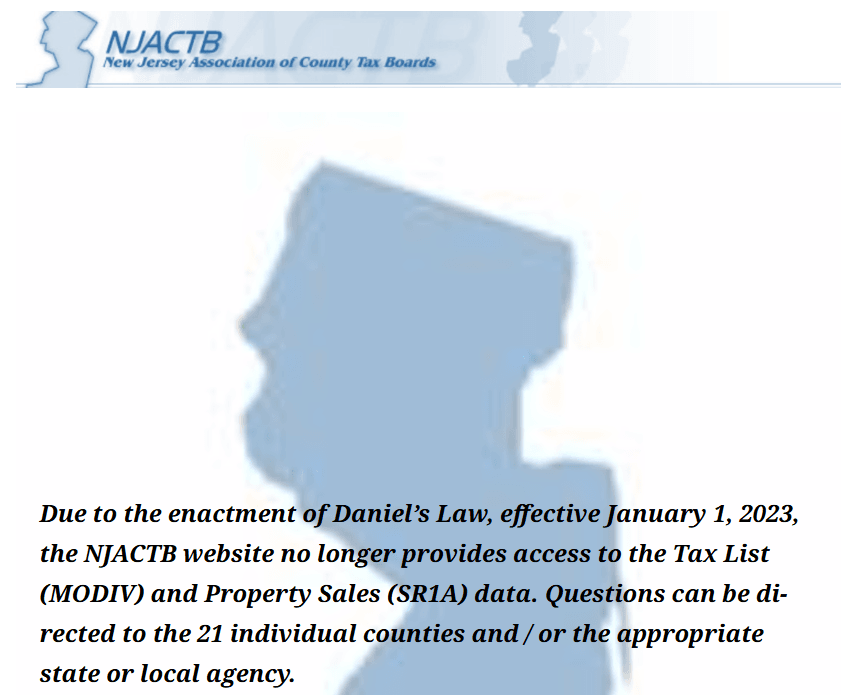 NJACTB website no longer provides MODIV and SR1A property records due to Daniels Law